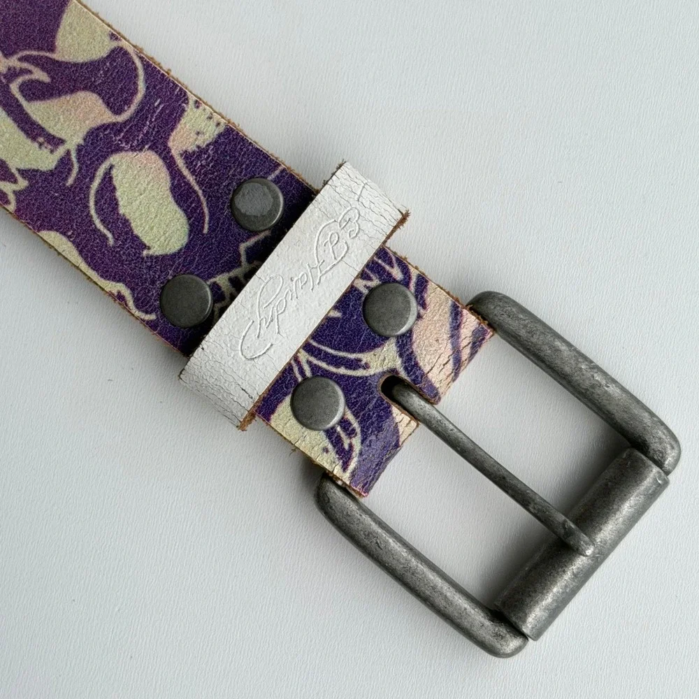 Ed Hardy Leather Belt Large Purple Tattoo Skull Rose Graphic Y2K Streetwear